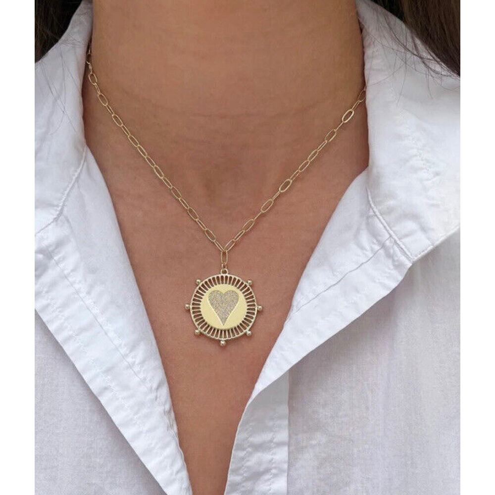 Jennifer Miller Yellow Gold Plated Pave Heart Medallion Necklace Paperclip Chain - Picture 2 of 4